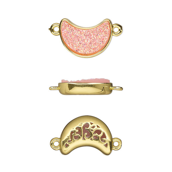 Link, Druzylite™, "druzy" (resin) and gold-finished brass, pink, 14x10mm two-sided moon with open filigree back. Sold per pkg of 4. image number 0