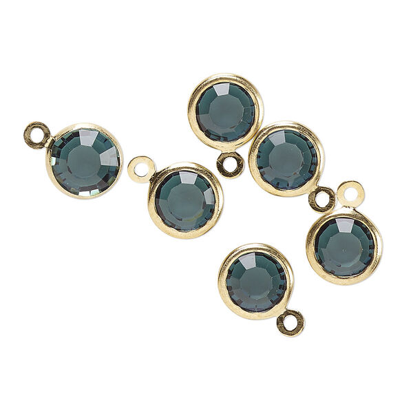 Drop, glass rhinestone and gold-finished brass, zircon blue, 8-9mm faceted round. Sold per pkg of 6. image number 0