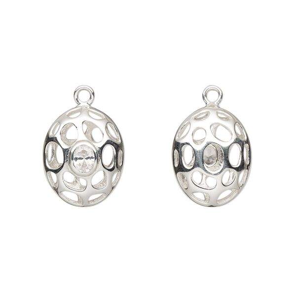 Drop, sterling silver and cubic zirconia, clear, 15x12mm double sided hollow filigree puffed oval. Sold individually. image number 0