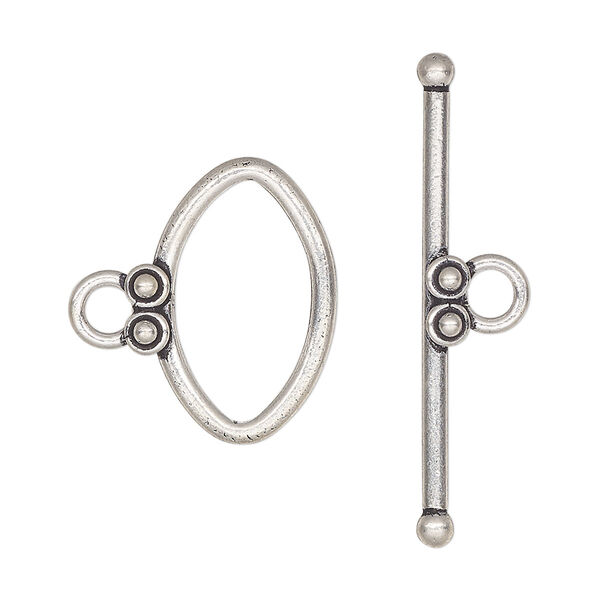 Clasp, toggle, antiqued sterling silver, 21x13mm oval with dots. Sold individually. image number 0