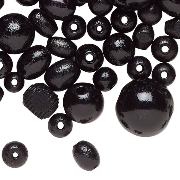Bead mix, wood (dyed/waxed), black, 6-15mm round. Sold per 2-ounce pkg, approximately 484 beads. image number 0