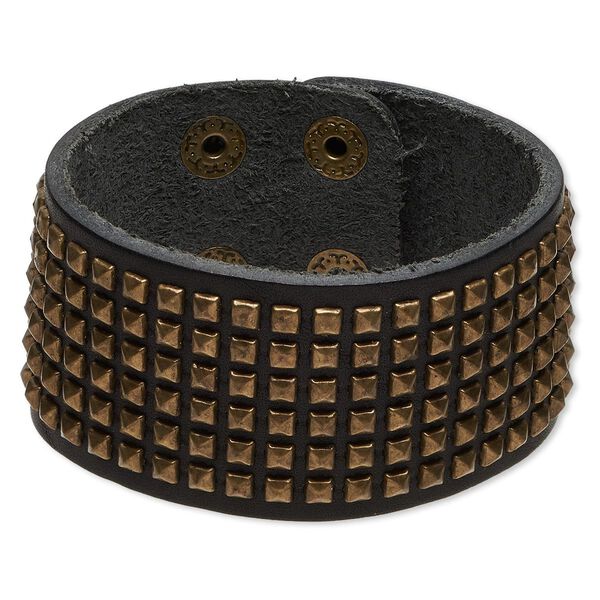 Bracelet, leather (dyed) with antique brass-plated steel and "pewter" (zinc-based alloy), brown, 38mm wide with square studs, adjustable at 6-1/2 and 7-1/2 inches with snap closure. Sold individually. image number 0
