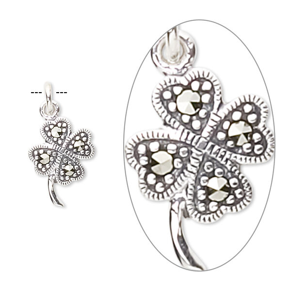 Marcasite / sterling silver 1pkg1, 4-leaf clover charm natural 14x10mm image number 0