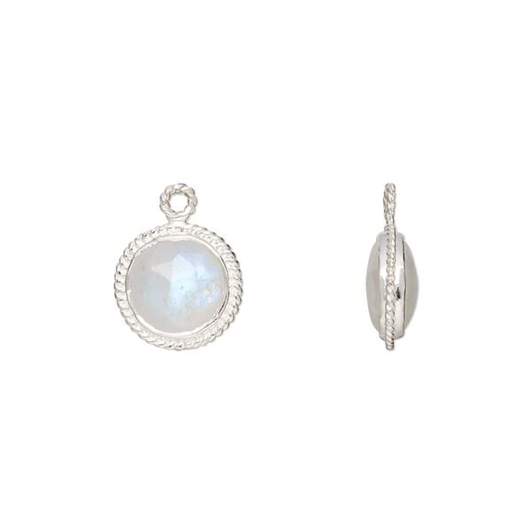 Drop, rainbow moonstone (natural) and sterling silver, 9-11mm hand-cut double-sided faceted puffed round with rope edge design, B grade, Mohs hardness 6 to 6-1/2. Sold individually. image number 0