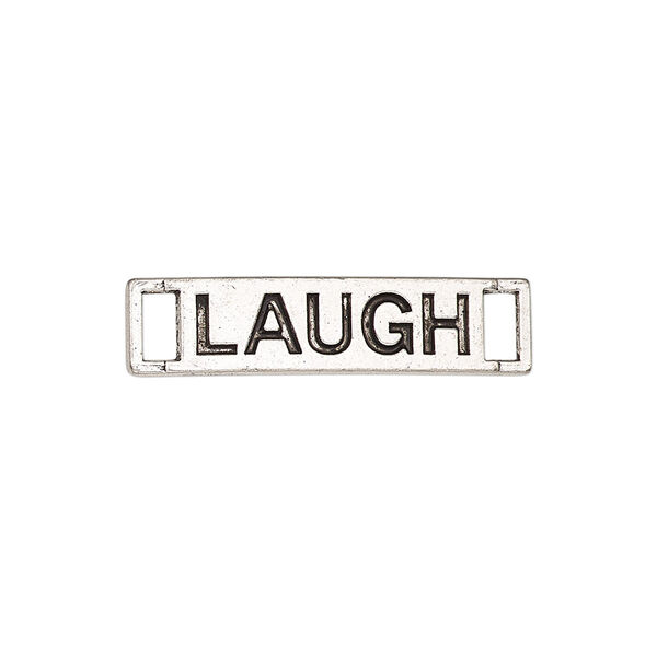 Link, antique silver-finished "pewter" (zinc-based alloy), 27.5x6.5mm single-sided curved flat rectangle with "LAUGH." Sold per pkg of 2. image number 0