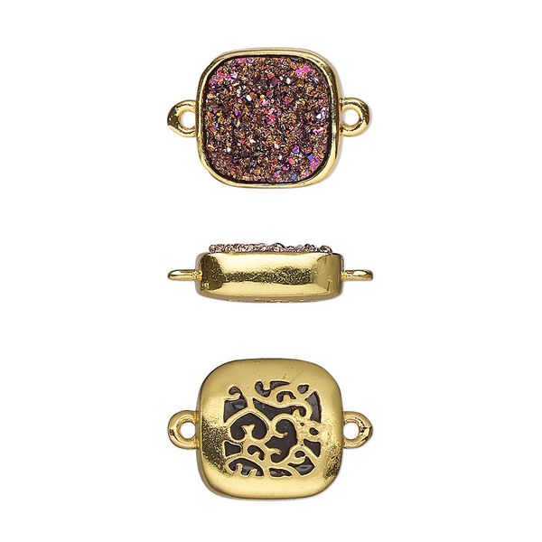 Link, Druzylite™, "druzy" (resin) and gold-finished brass, metallic purple, 11.5mm two-sided square with open filigree back. Sold per pkg of 4. image number 0