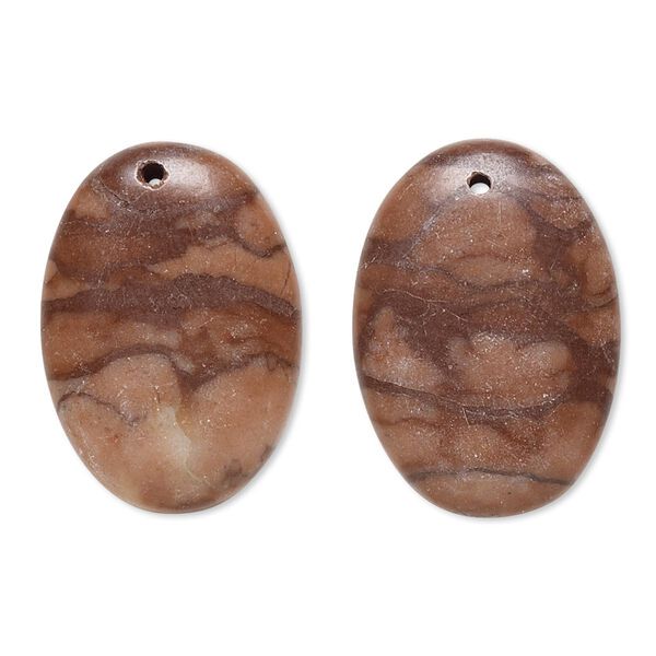 Drop, brown zebra stone (natural), 24x18mm-26x19mm puffed oval with flat back, B- grade, Mohs hardness 3 to 3-1/2. Sold per pkg of 2. image number 0