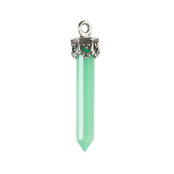 Drop, sea green chalcedony (dyed) and antiqued sterling silver, 20x4mm-26x6mm hand-cut 3D faceted point. Sold individually. image number 0