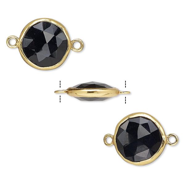 Link, black onyx (dyed) and gold-finished sterling silver, 12mm double-sided faceted round. Sold per pkg of 2. image number 0
