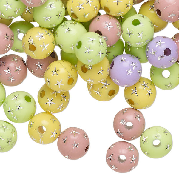 Bead mix, acrylic, mixed colors, 8mm round with stars. Sold per 75-gram pkg, approximately 250-275 beads. image number 0