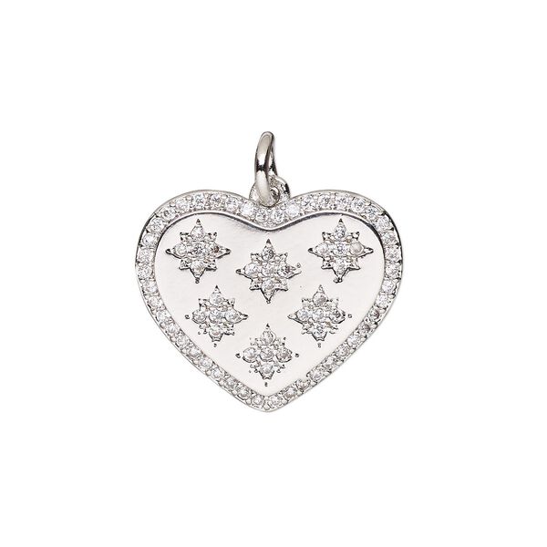 Charm, cubic zirconia and silver-finished brass, clear, 18x16mm single-sided heart with 5mm open jump ring. Sold individually. image number 0