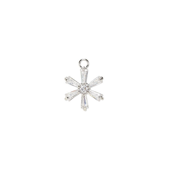 Charm, cubic zirconia and silver-plated brass, clear, 11x10mm single-sided flower. Sold per pkg of 2. image number 0