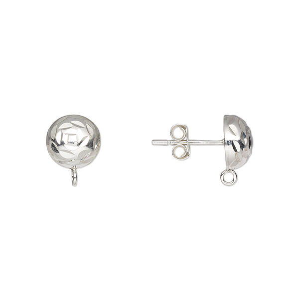 Earstud, sterling silver, 8mm diamond-cut half-ball with loop. Sold per pair. image number 0