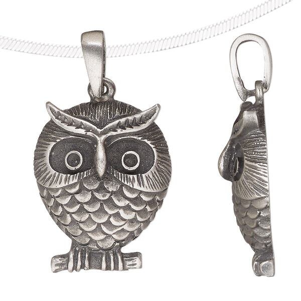 Pendant, antique pewter (tin-based alloy), 25x20mm single-sided owl. Sold individually. image number 0