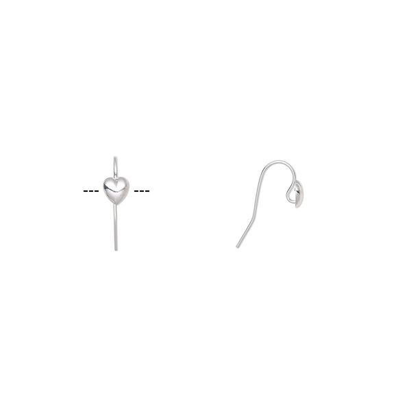 Ear wire fishhook 1pkg10 silver-plated, 10.5mm / 6x5.5mm heart / hidden open loop, 22 gauge brass 5 pair image number 0