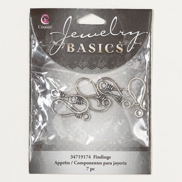 Clasp, hook, antique silver-finished "pewter" (zinc-based alloy), 24x11mm. Sold per pkg of 7. image number 0