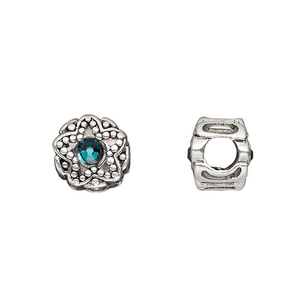 Bead, Dione®, antique silver-plated pewter (tin-based alloy) and crystal rhinestone, emerald green, 11mm double-sided round with star design. Sold individually. image number 0
