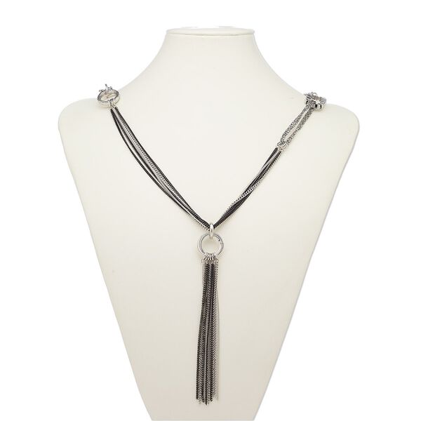 Necklace, multi-strand, silver-plated steel / brass / gold-finished steel / antique silver-plated "pewter" (zinc-based alloy), white and black, 5-inch dangle with fringed chain, 36 inches with 2-inch extender chain and lobster claw clasp. Sold individually. image number 0