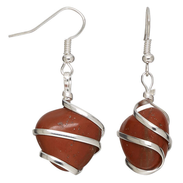 Red jasper / copper 1pkg2, hand-cut tumbled nugget silver-plated fishhook earring natural B grade, 22 gauge 43mm overall image number 0