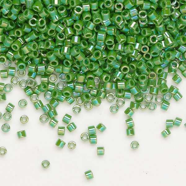 Seed bead, Delica®, glass, pkg/7.5g, #10 round, opaque rainbow green (DBM-0163). image number 0