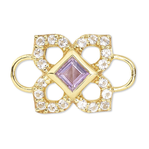 Link, white topaz / amethyst (natural) / gold-finished sterling silver, 12x12mm single-sided open flower. Sold individually. image number 0