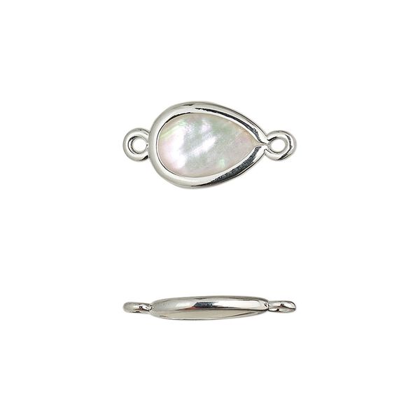 Link, mother-of-pearl shell and imitation rhodium-finished brass (assembled), 13x8mm-14x9mm double-sided teardrop. Sold per pkg of 4. image number 0