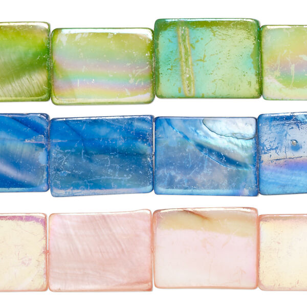 Bead mix, mother-of-pearl shell (bleached / dyed), multicolored AB, 19x15mm-21x16mm flat rectangle with 0.4-0.6mm hole, Mohs hardness 3-1/2. Sold per pkg of (3) 15-inch strands. image number 0