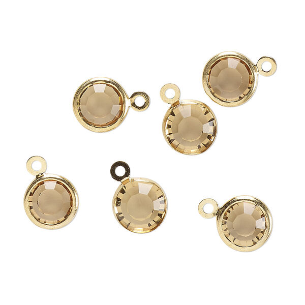Drop, glass rhinestone and gold-finished brass, topaz yellow, 8-9mm faceted round. Sold per pkg of 6. image number 0