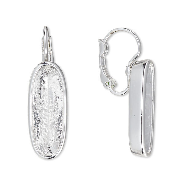 Ear wire, Almost Instant Jewelry®, silver-plated brass and "pewter" (zinc-based alloy), 31mm leverback with 21x7mm long classical oval setting. Sold per pair. image number 0