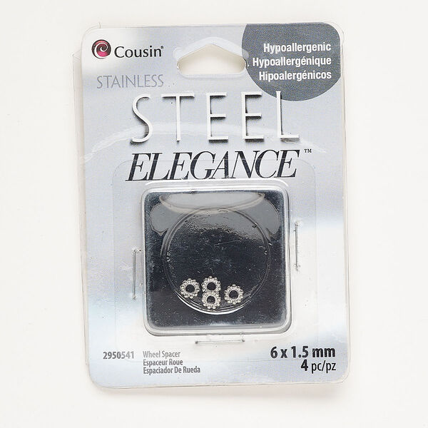 Bead, silver-finished stainless steel, 6x1.5mm beaded rondelle with 3mm hole. Sold per pkg of 4. image number 0