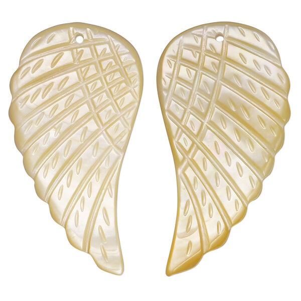 Focal, golden lip shell (natural), 36x20mm-40x24mm single-sided hand-cut left- and right-facing carved wing, Mohs hardness 3-1/2. Sold per pkg of 2. image number 0