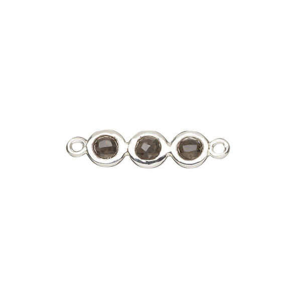 Link, sterling silver and smoky quartz (heated and irradiated), brown, 18x6mm double-sided overall with 6mm faceted round, Mohs hardness 7. Sold individually. image number 0