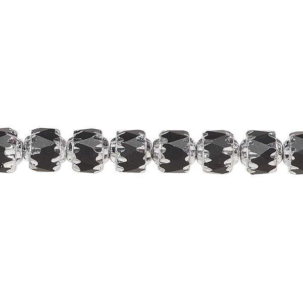 Bead, Czech glass, pkg/7 inches, opaque black and metallic silver, 6mm round cathedral. image number 0