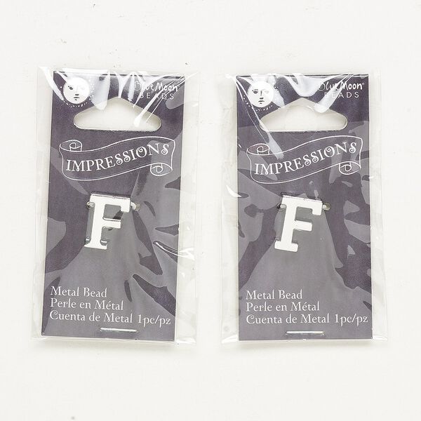 Bead, silver-finished "pewter" (zinc-based alloy), 13x10mm top-drilled alphabet letter "F" with 2mm hole. Sold per pkg of 2. image number 0