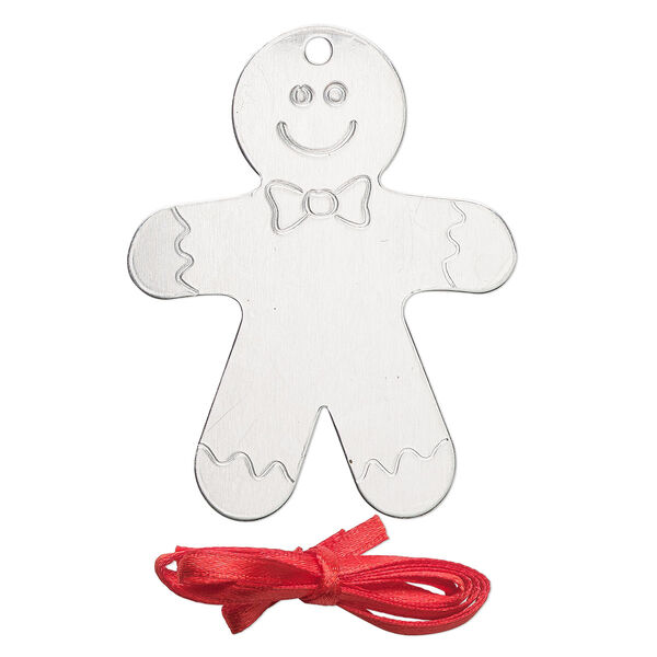 Ornament, ImpressArt®, aluminum and polyester, 2-1/2x2 inch gingerbread cookie with ribbon. Sold per pkg of 3. image number 0