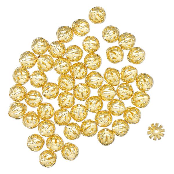 Bead, gold-finished brass, 10mm corrugated oval with cutouts. Sold per pkg of 50. image number 0