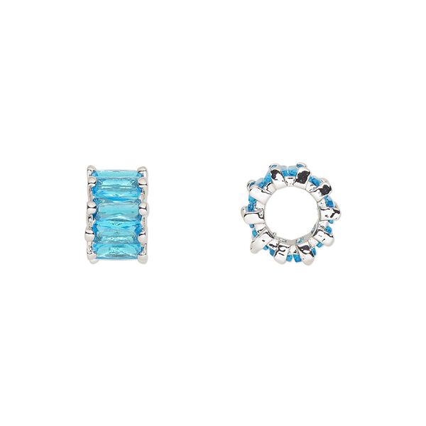 Bead, cubic zirconia and silver-plated brass, aqua, 10.5x6mm rondelle. Sold per pkg of 2. image number 0