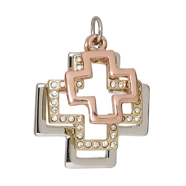 Drop, glass rhinestone / silver- / gold- / copper-finished "pewter" (zinc-based alloy), clear, 18x18mm / 22x22mm / 28x28mm Swiss cross. Sold individually. image number 0