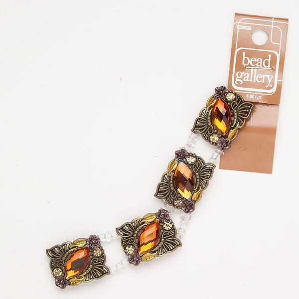 Spacer brass and glass 4pk 27x21mm 2-strand rectangle butterfly, antique gold finish and orange image number 0