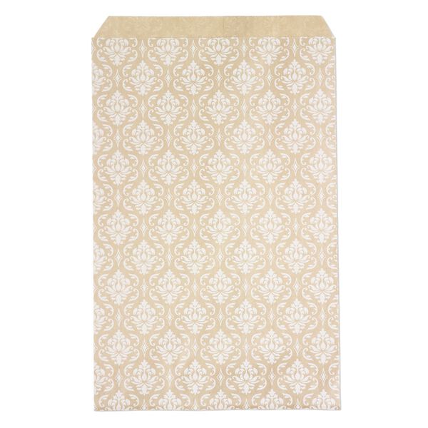 Bag, paper, brown and white, 9x6 inch rectangle with damask-print and scalloped top edge. Sold per pkg of 100. image number 0