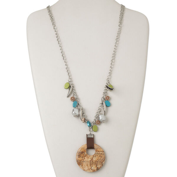 Picture jasper / steel / plastic 1pkg1, silver-finished / silver-coated go-go necklace natural continuous 30 inch 50mm image number 0