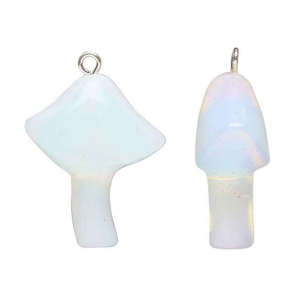Drop, imitation rhodium-plated brass and sea "opal" (glass), 25x21.5mm hand-carved mushroom. Sold individually. image number 0