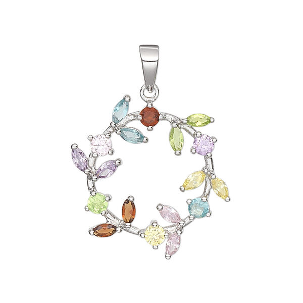 Pendant, cubic zirconia and rhodium-plated sterling silver, multicolored, 21x21mm flower wreath. Sold individually. image number 0