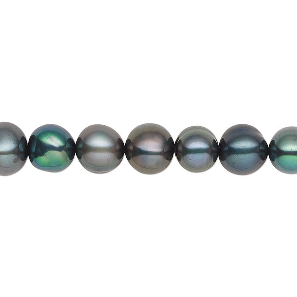 Pearl, cultured freshwater (dyed), iris green, 7-8mm semi-round, C grade, Mohs hardness 2-1/2 to 4. Sold per 16-inch strand. image number 0