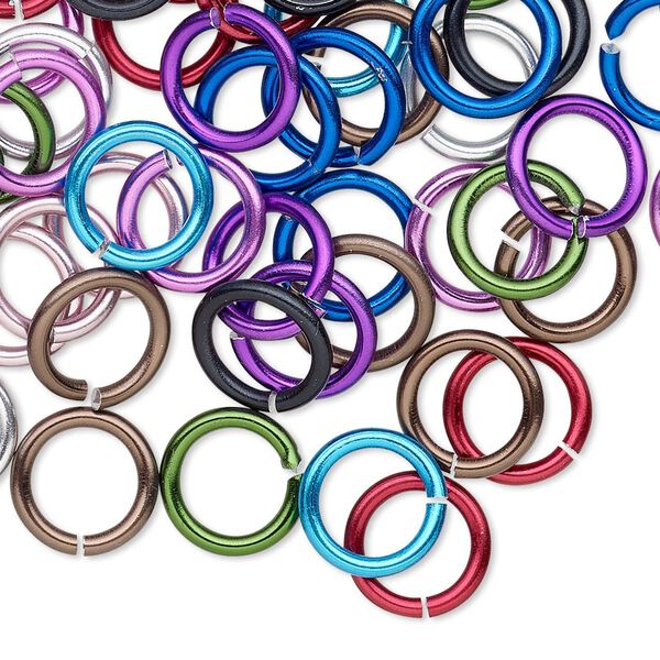 Jump ring mix, anodized aluminum, mixed colors, 10mm round, 6.8mm inside diameter, 14 gauge. Sold per pkg of 100. image number 0