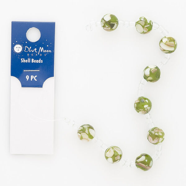 Bead, resin and mother-of-pearl shell (dyed), green and white, 10mm round. Sold per pkg of 9. image number 0