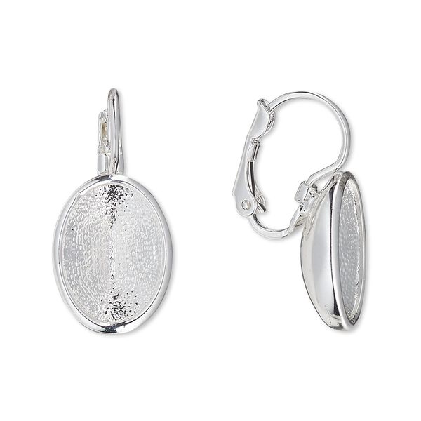 Ear wire leverback 1pkg2 Almost instant jewelry® silver-plated "pewter" (zinc-based alloy), 24mm / 14x10mm oval glue-in setting, brass 1 pair image number 0