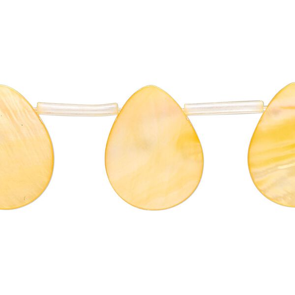 Bead, mother-of-pearl shell (dyed), orange, 19x8mm-20x10mm top-drilled flat teardrop, Mohs hardness 3-1/2. Sold per 15-inch strand, approximately 20 beads. image number 0