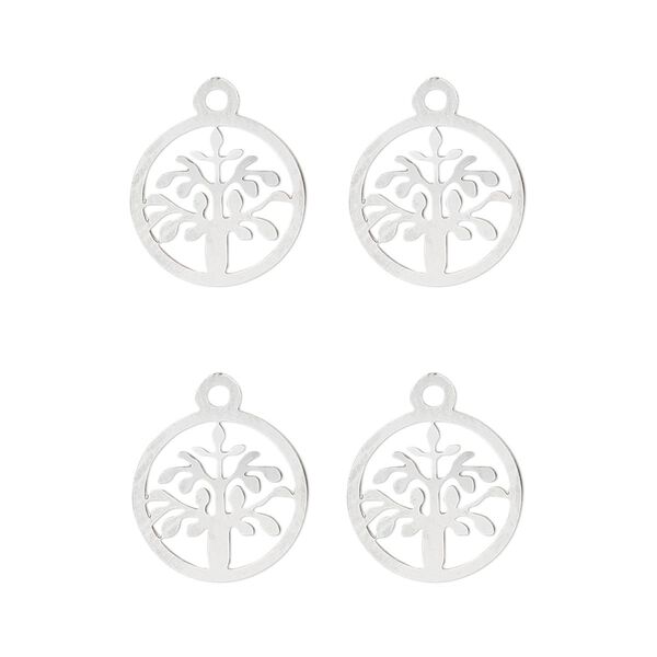Drop, Lazer Lace™, stainless steel, 12mm double-sided flat round with cutout tree of life. Sold per pkg of 4. image number 0