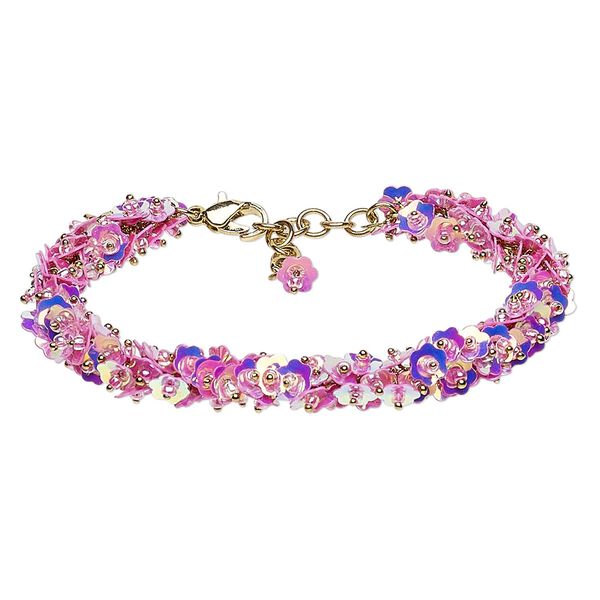 Bracelet, acrylic sequin with gold-finished brass and steel, pink AB, 12mm wide with 6mm flower, 7 inches with 1-1/2 inch extender chain and lobster claw clasp. Sold individually. image number 0